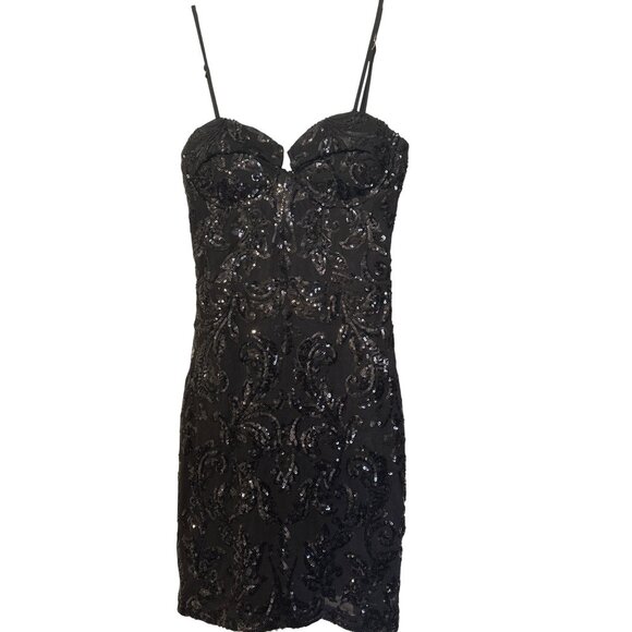 Sequin-Embellished Black Mini Dress With Adjustable Spaghetti Straps & Sweethear - Picture 1 of 5